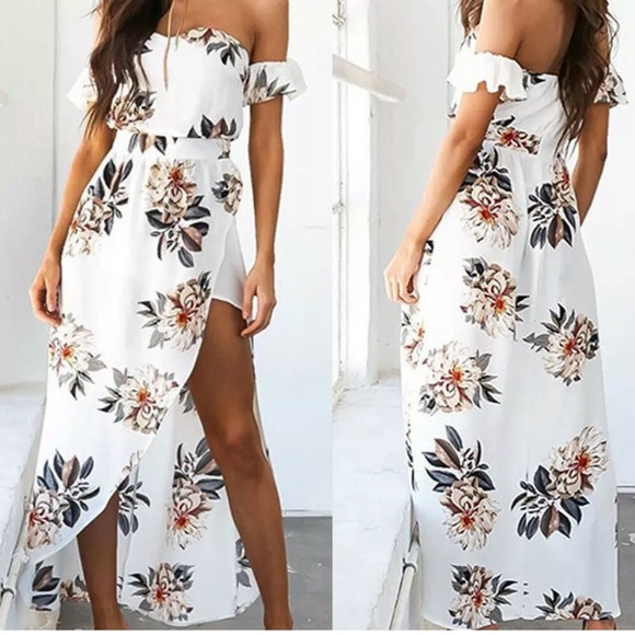 Dresses & Skirts - White Floral Cold Shoulder Maxi Dress